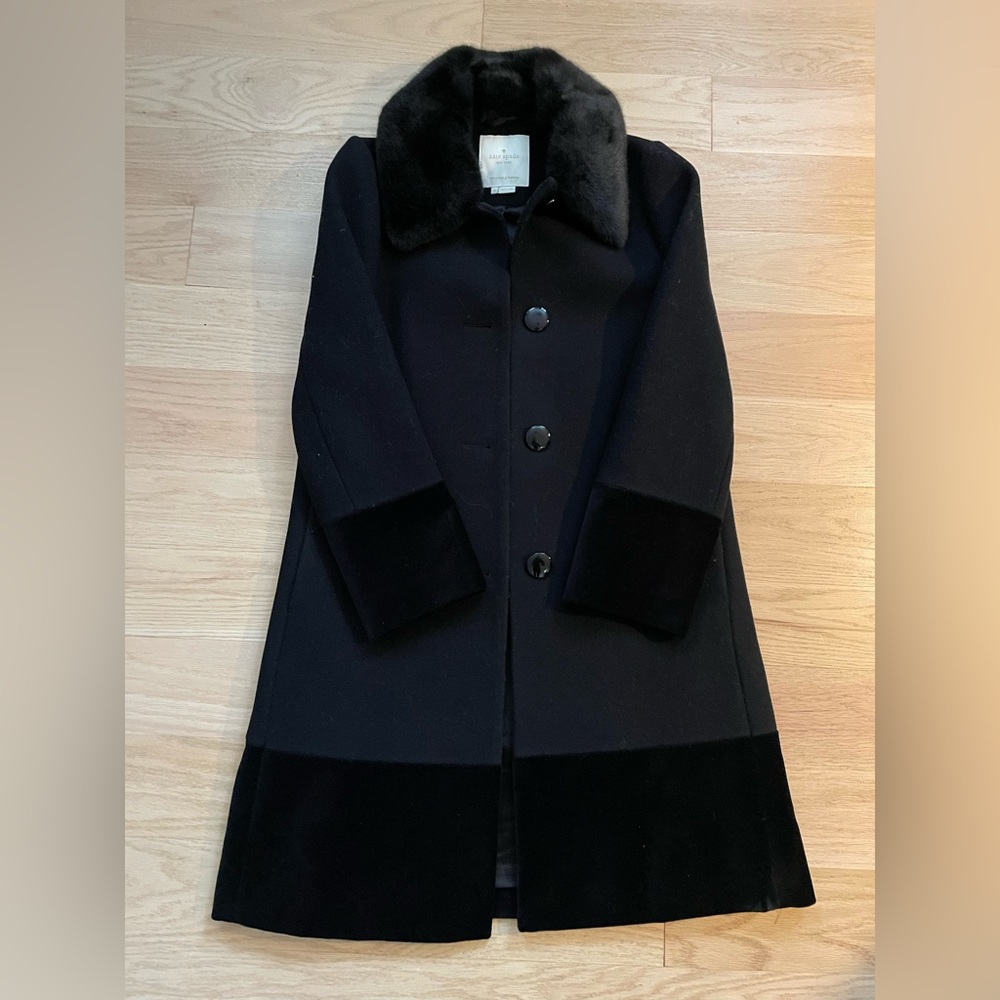 Kate Spade Black Wool Coat with Fur Collar